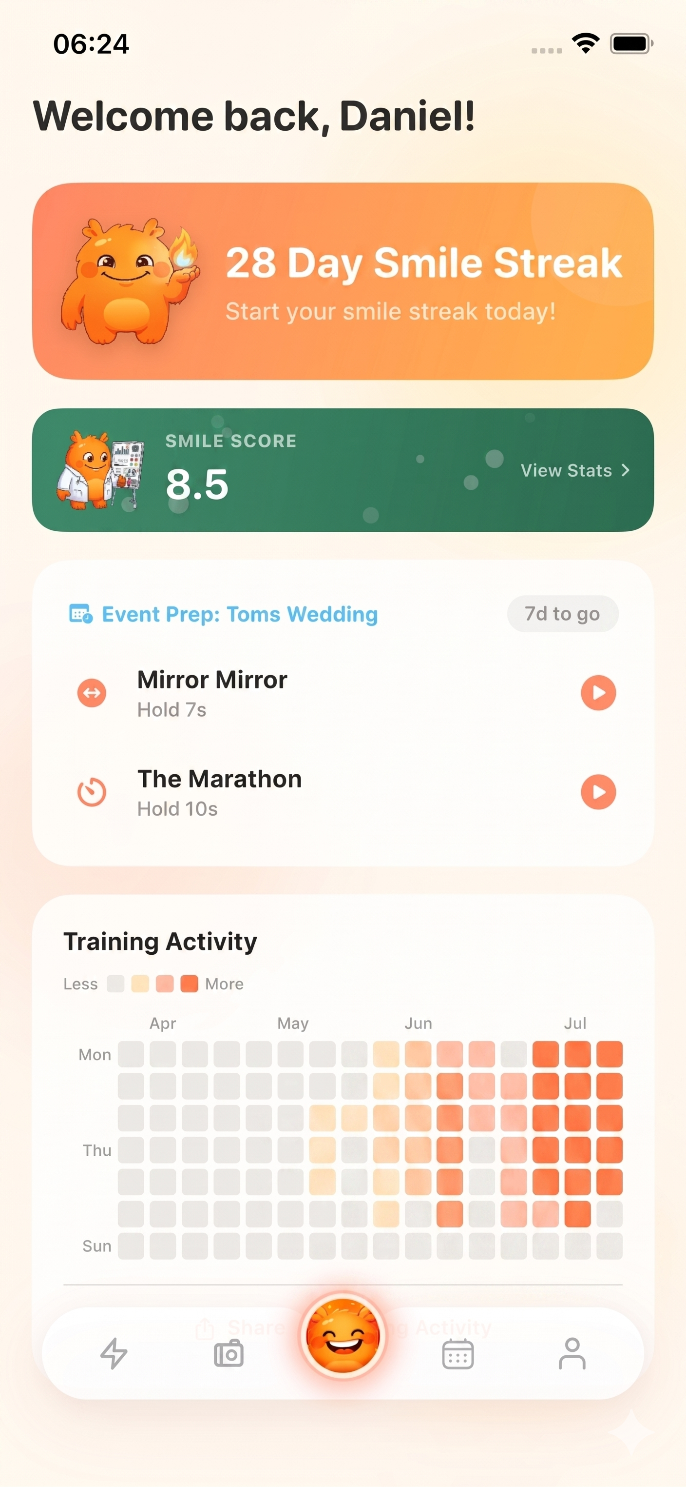 Duchenne Smile Coach home screen showing streak card, daily challenges, and training activity
