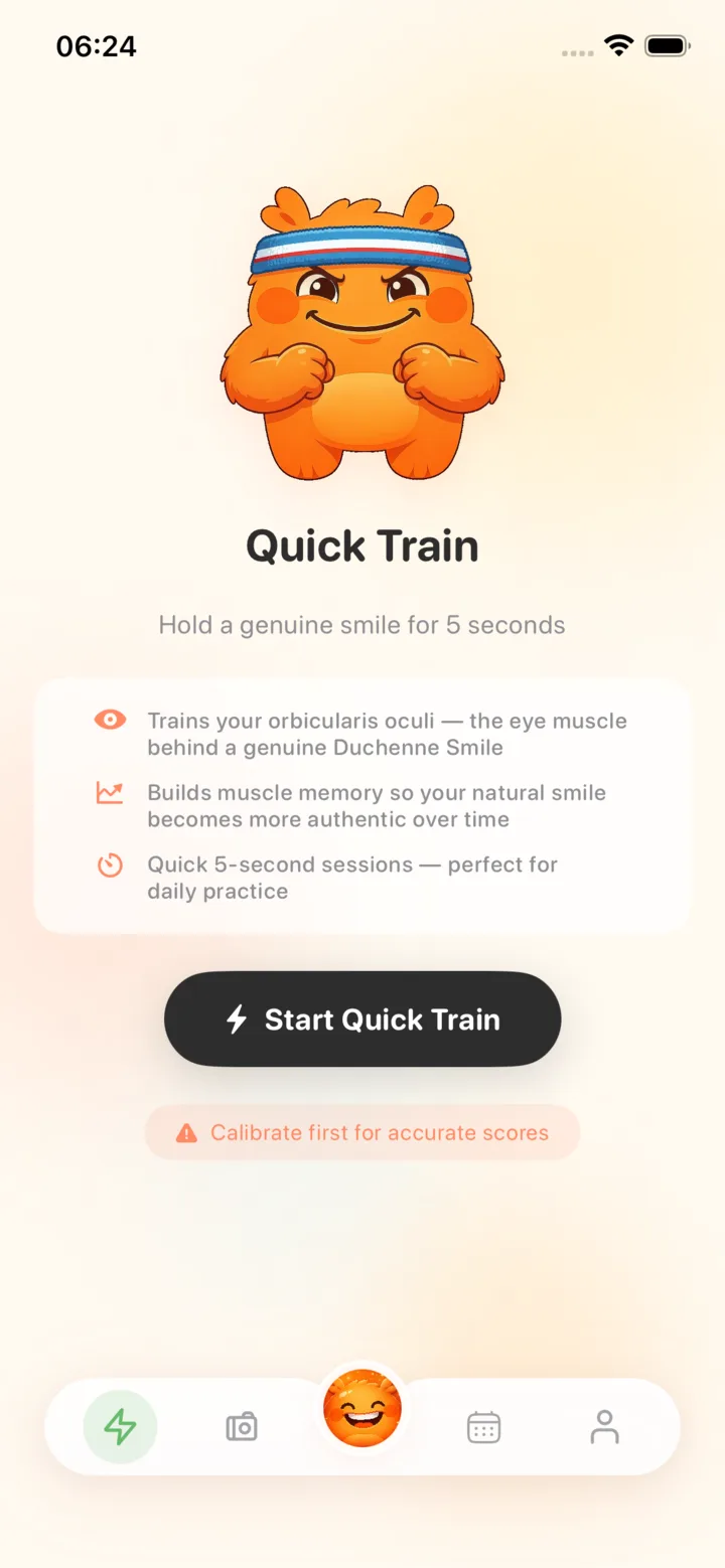 Quick Train screen with the mascot coaching a five-second hold